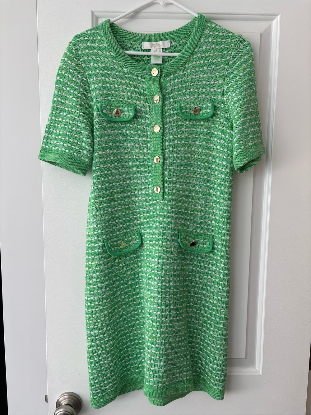 Lilly Pulitzer Green and White Tweed Knit Short Sleeve Top with Gold Button